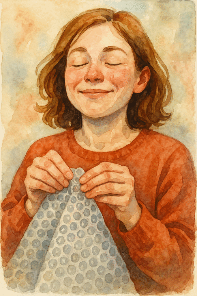 a woman enjoying popping a bubble wrap