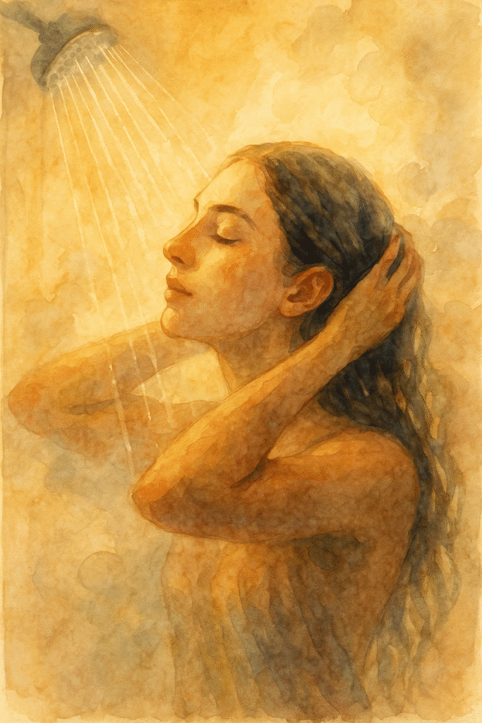 Watercolor painting of a woman under a warm shower stream surrounded by soft golden light and gentle steam, symbolizing calm focus and clear thinking.