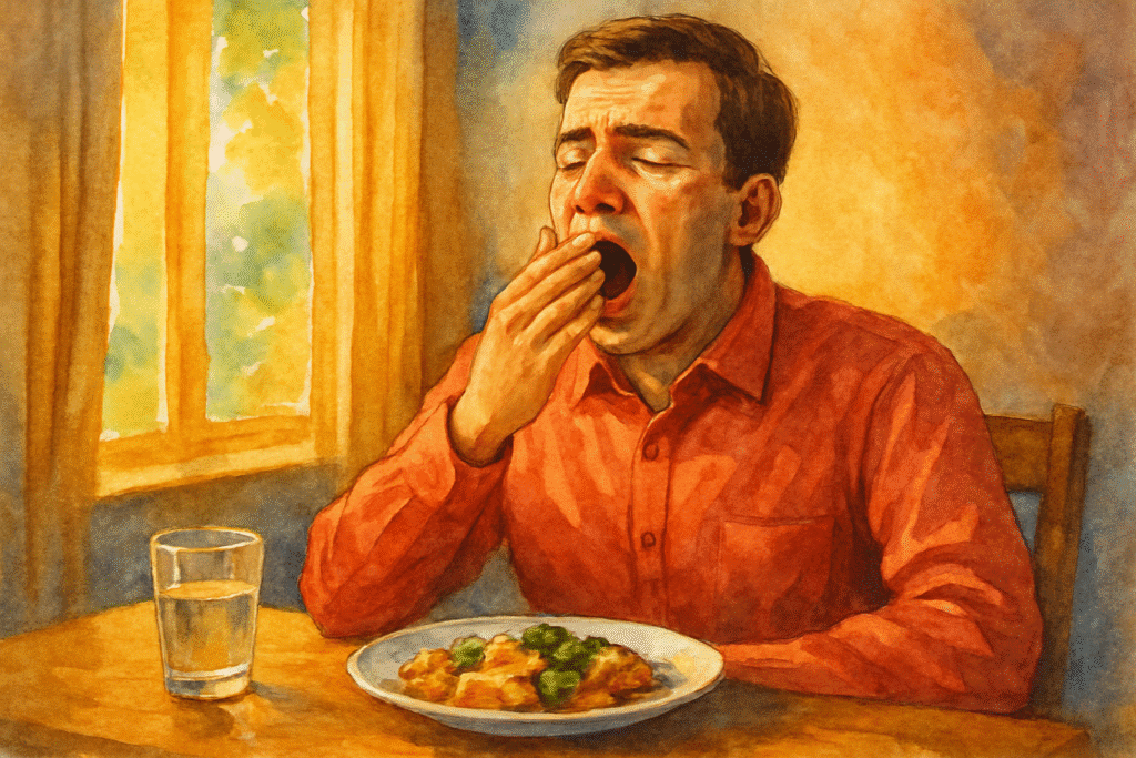 A vibrant watercolor painting showing a man in a red shirt yawning at a sunny lunch table, enhanced with warm lighting, sharp textures, and a cozy background.
