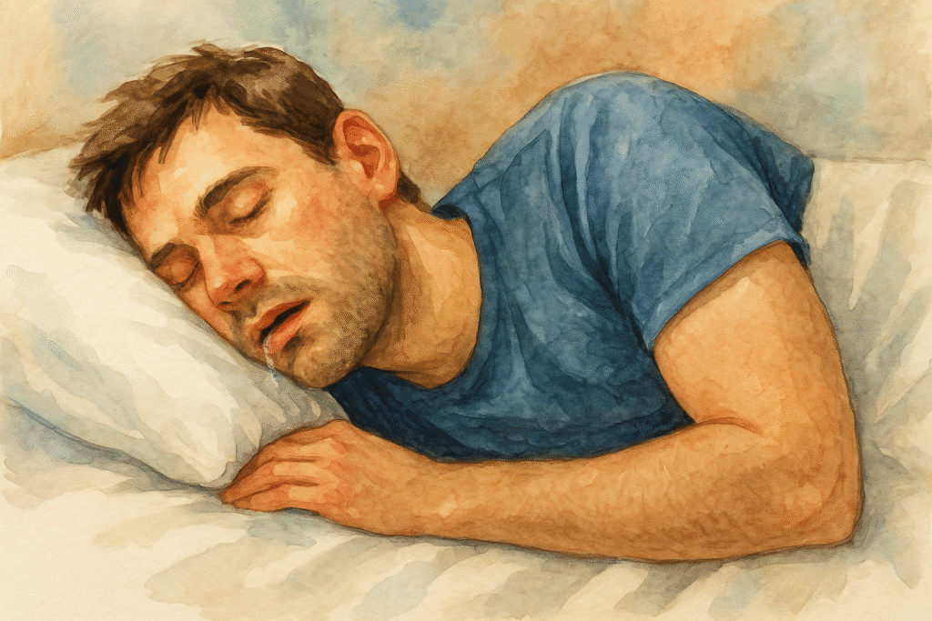 Watercolor illustration of a man peacefully sleeping on his side, with soft lighting and gentle drool on the pillow.